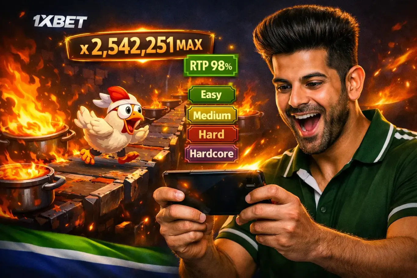1xBet Chicken Road Pakistan - crash-style game by InOut Games with max multiplier x2,542,251