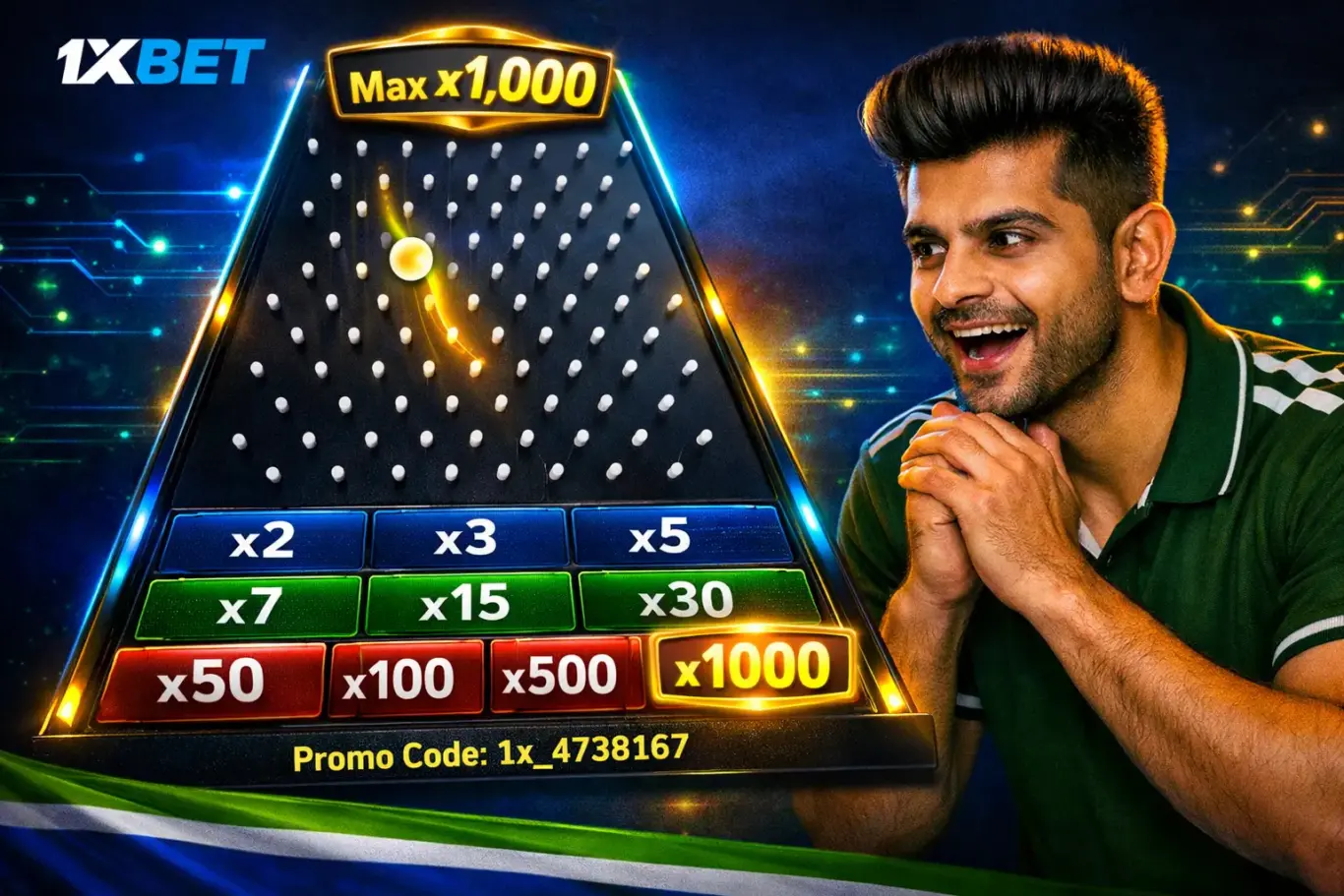 1xBet Plinko Pakistan - ball-drop casino game with Low, Medium and High risk levels and max x1,000 multiplier